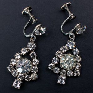 Large rhinestone dangle earrings silver tone, fancy crystal clip on earrings